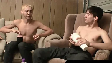 Straight guys' flashlight-assisted large dong tugging and cum blasting fest