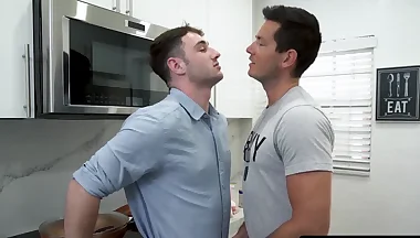 Gay stepbrothers' raw kitchen bang is a passionate, bareback affair