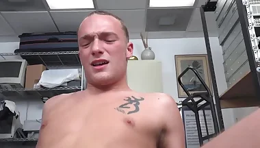 Tattooed jock sucking off BBC manager before riding him POV