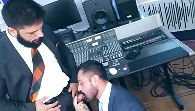 Suited Cristian Sam ass drills Little Brako deep in studio